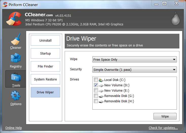 CCleaner drive wiper